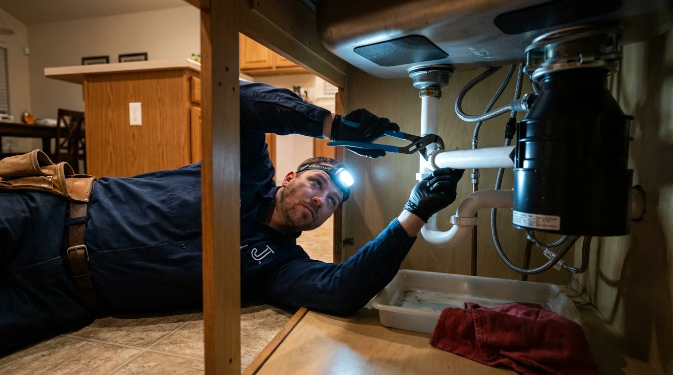 P-trap and supply line connections under a kitchen sink showing a common leak point in Epping, NH